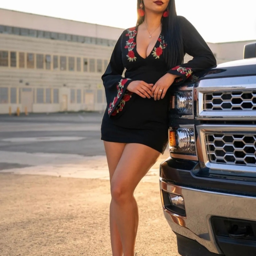 Chic Black Bella Rosa Mini Dress with Floral Accents